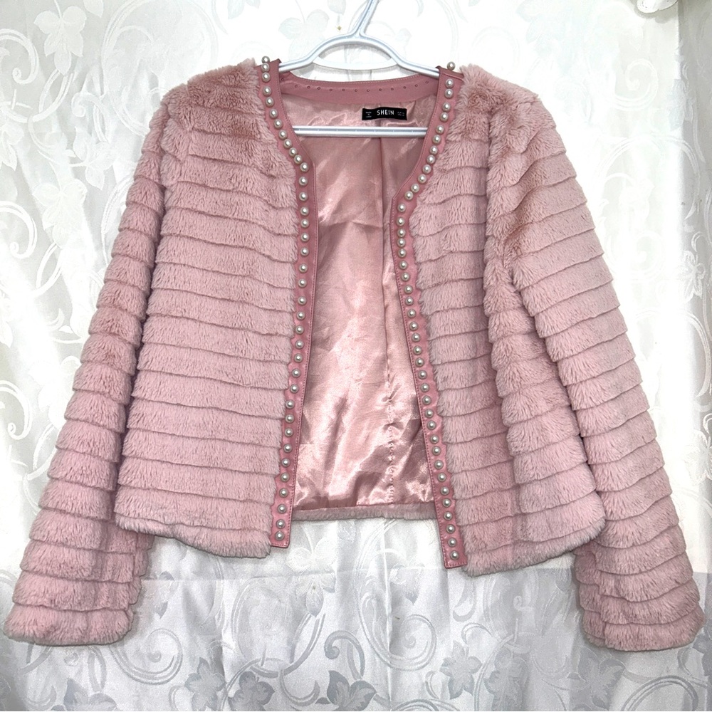 SHEIN Baby Pink Fluffy Faux Fur Pearl Beaded Open Cropped Teddy Coat